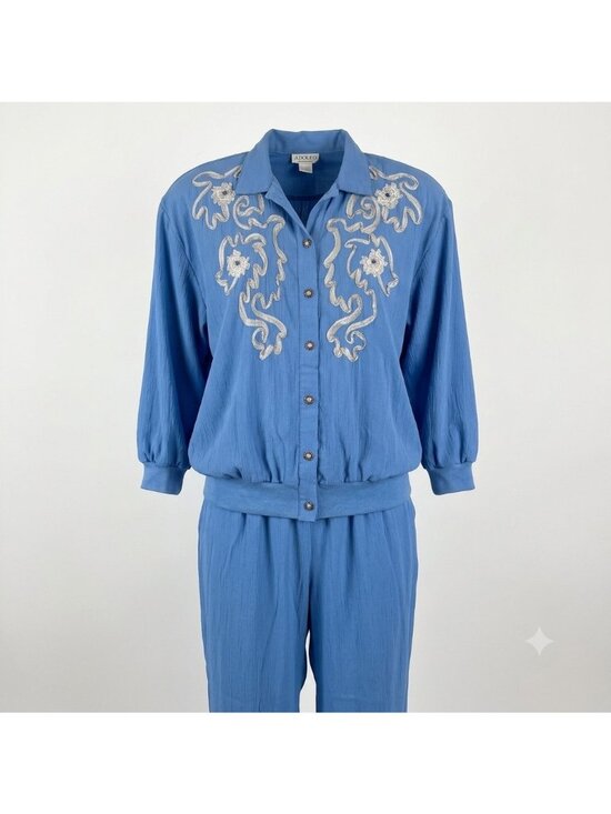 Adolfo Pants - Adolfo Collectibles Blue 2-Piece Set XL With Embroidered Top & Pants Polyester/R